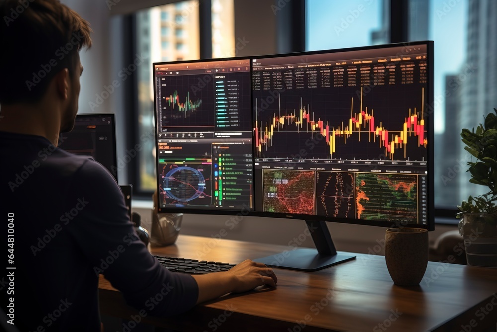 A worried broker watches the stock market chart on the monitor.'generative AI' A worried broker watches the stock market chart on the monitor.'generative AI'