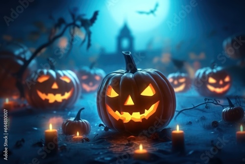 Halloween background with Evil Pumpkin. Spooky scary dark Night Halloween banner background concept. © BOONJUNG