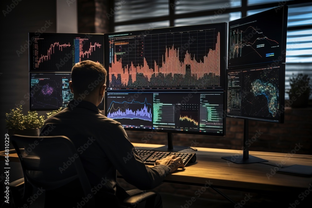 A worried broker watches the stock market chart on the monitor.'generative AI'	