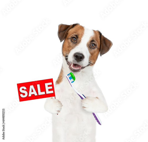 Funny Jack Russell terrier puppy holds toothbrush and shows signboard with labeled "sale". isolated on white background © Ermolaev Alexandr