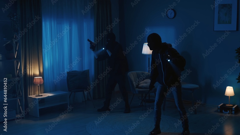 Shot of two burglars going around the apartment, looking for valuables, jewelry. The men are using flashlights to navigate in space. Night time, low, muffled light.