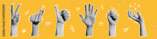 Fotografia Vector collage set of halftone hands and cut out shape