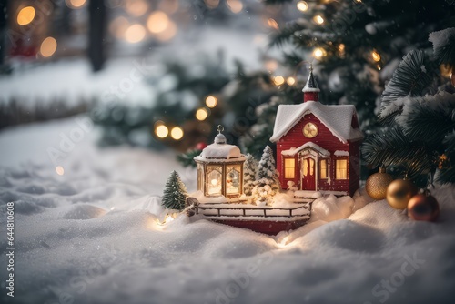 Festive Winter Wonderland: Illuminated Christmas Tree and Ornaments in Snowy Celebration