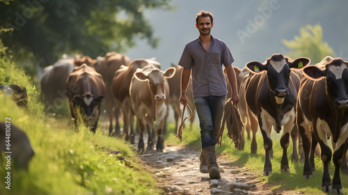 fermier qui marche avec son troupeau de vache pour la transhumance  photo
