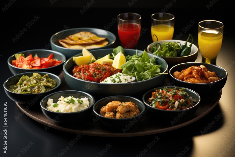A plate of food and drinks on a table. Fictional image. Spanish tapas.