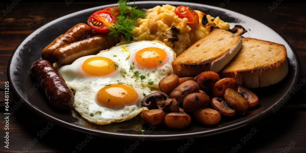 Irish breakfast on a plate. consisting of scrambled eggs, several sausages, tomatoes, and other vegetables, black pudding, fresh greens,  potato, bread, fried mushrooms.