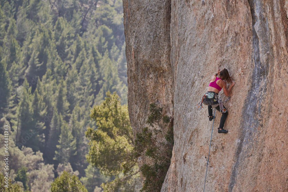 Unrecognizable woman climbing rocky cliff