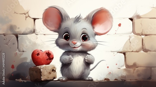 Cute mouse character in cartoon style with red heart