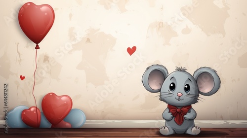 Cute mouse character in cartoon style with heart shaped red balloon