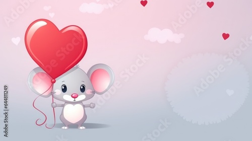 Cute mouse character in cartoon style with heart shaped red balloon