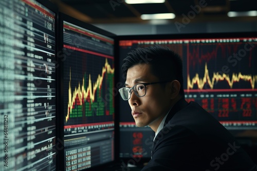 A worried broker watches the stock market chart on the monitor.'generative AI' 