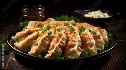 A plate of dumplings with cheese and green onions. Fictional image. Tasty gyoza, japaneze dish.