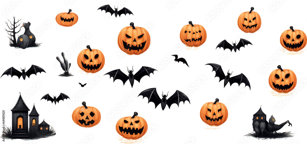 Halloween set with spiders, bats, ghosts, pumpkins on white background. Generative AI