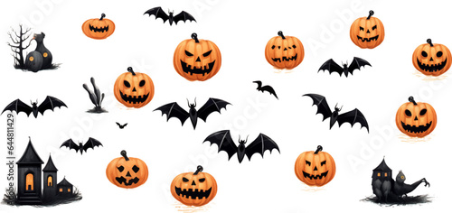 Halloween set with spiders, bats, ghosts, pumpkins on white background. Generative AI