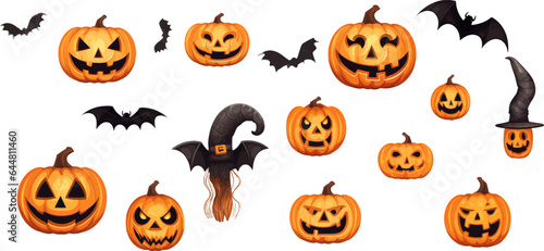 Halloween set with spiders, bats, ghosts, pumpkins on white background. Generative AI