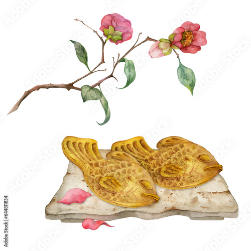 Watercolor hand drawn traditional Japanese sweets. Ceramic dish, taiyaki, winter camellia flowers. Isolated on white background. Design for invitations, restaurant menu, greeting cards, print, textile