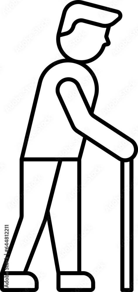 Man With Stick Icon In Black Outline. Man With Stick Icon In Black Outline.
