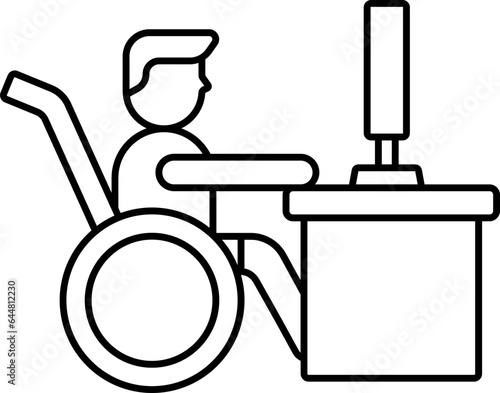 Disability Man On Workplace Icon In Black Outline.