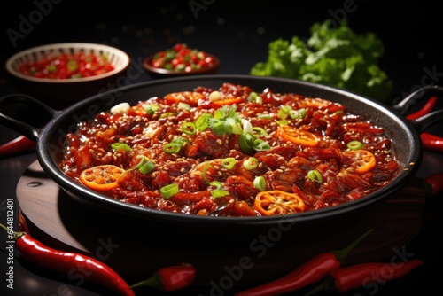 A skillet filled with lots of food on top of a table. Fictional image. Sichuan hotpot dish.