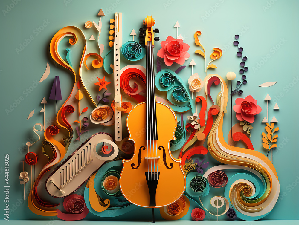Paper cut craft style music composition of saxophone guitar trumpet music instruments. Generative Ai Paper cut craft style music composition of saxophone guitar trumpet music instruments. Generative Ai