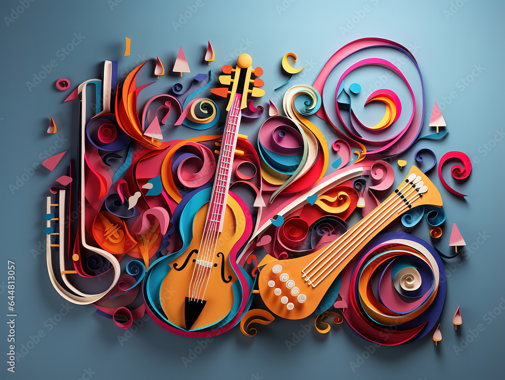 Paper cut craft style music composition of saxophone guitar trumpet music instruments. Generative Ai Paper cut craft style music composition of saxophone guitar trumpet music instruments. Generative Ai