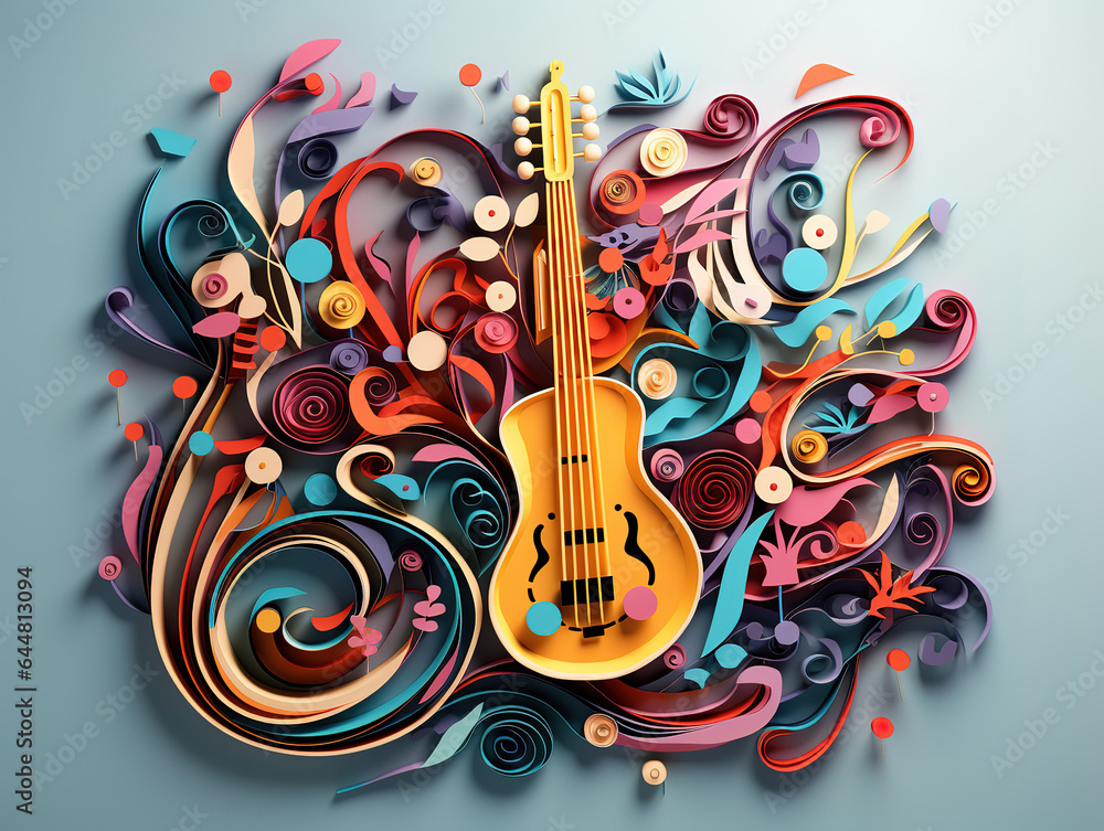 Paper cut craft style music composition of saxophone guitar trumpet music instruments. Generative Ai Paper cut craft style music composition of saxophone guitar trumpet music instruments. Generative Ai
