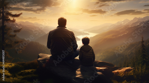 Father and son on the edge of the mountain