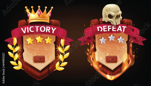 3D victory defeat game badge wooden shield award, vector medieval RPG UI success screen, sword. Golden coin, crown, skull red award ribbon, battle lose fire sparkle concept. Victory defeat clipart kit