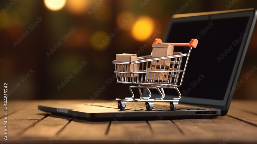 shopping basket with laptop on table. online shopping concept with copy space.