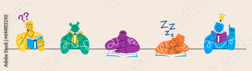 Group of young man and young woman hold a book in their hands. The concept of reading day. Colorful vector illustration