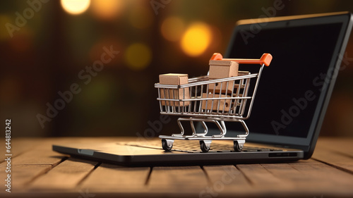 shopping basket with laptop on table. online shopping concept with copy space.