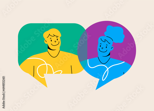 Man and woman talking together. Interactive speech bubbles communication  concept. Colorful vector illustration