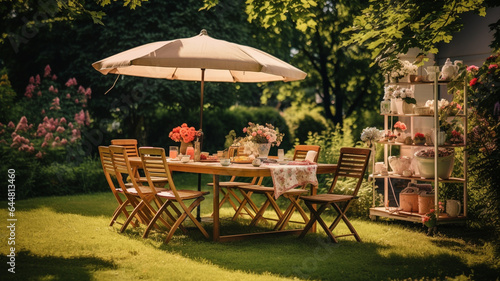 summer garden with a wooden table