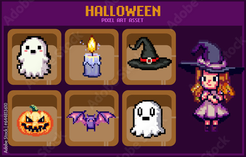  Halloween of pixel art design vector game assets 2d 8bit retro witch cute ghost bat 