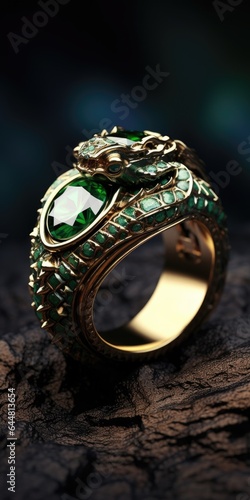 Emerald Dragon Ring Mystique Backdrop - Enchanted Serpent Gemstone Elegance Background - Stock Photo Mastery - Product Display with Empty Copy Space for Text created with Generative AI Technology