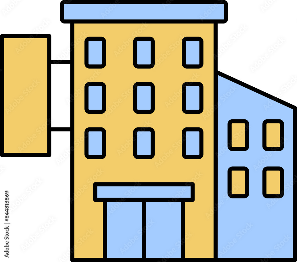 Hotel Building Icon In Blue And Yellow Color. Hotel Building Icon In Blue And Yellow Color.