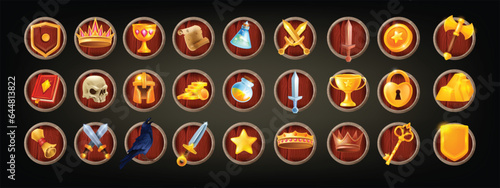 Game icon vector set, vector UI dungeon and dragon RPG badge kit, medieval magic warrior collection. Knight fantasy sword, golden coin, witch book, skull, ancient potion bottle. Game icon elements