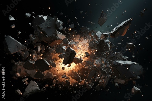 black background with exploding debris, light illuminating debris in explosion (3d illustration). Generative AI photo