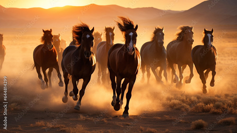Fototapeta premium beautiful wild horses running in the field at sunset