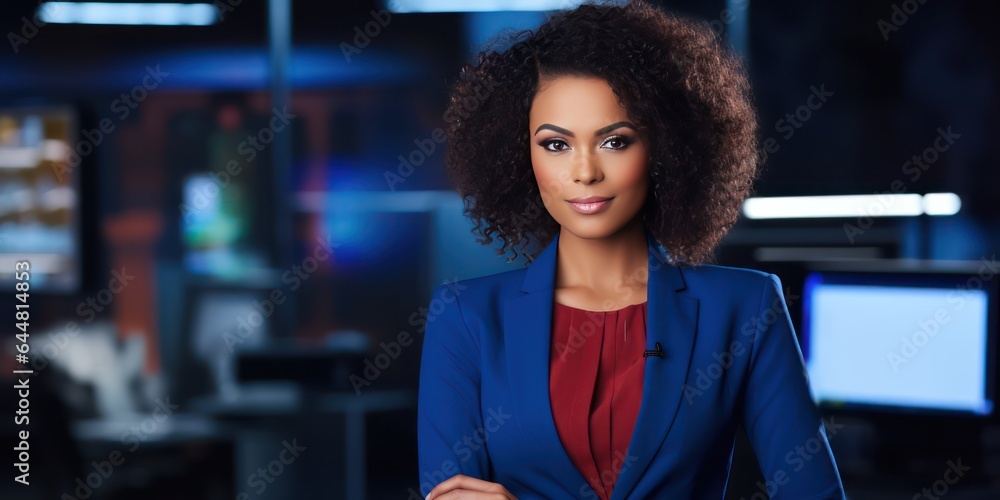 Serious African American female TV presenter in news TV studio