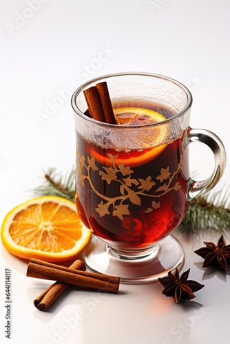 A cup of mulled vine or tea with cinnamon and an orange slice. Fictional image.