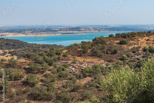 Trees in hill in viewpoint to Alqueva dam and mountains of Spain on the horizon, Monsaraz PORTUGAL