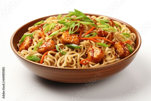 A bowl of noodles with meat and vegetables. Fictional image.