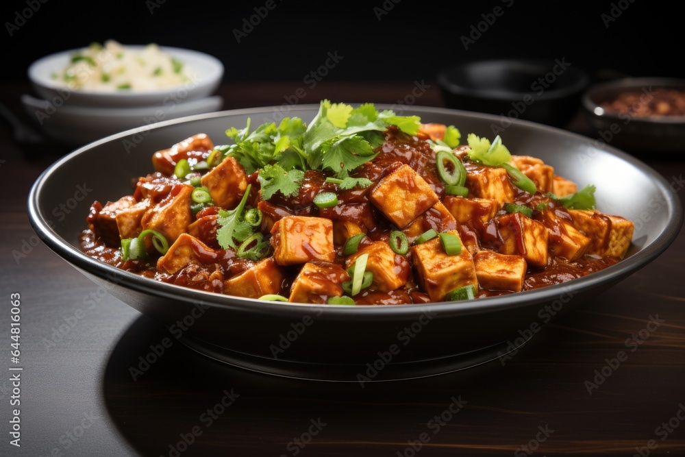 A bowl of tofu with a side of rice. Fictional image. Sichuan Mapo tofu dish. A bowl of tofu with a side of rice. Fictional image. Sichuan Mapo tofu dish.