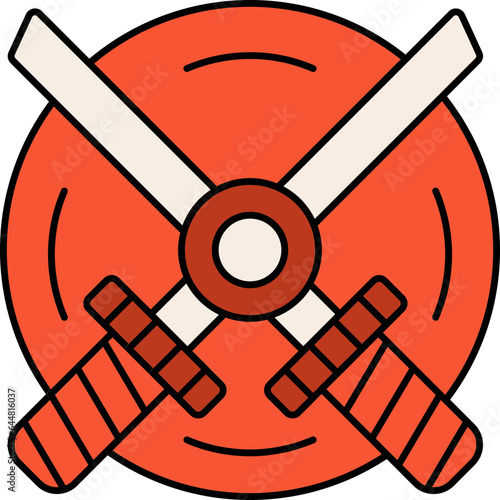 Cross Katana With Shield Icon In Orange And White Color.