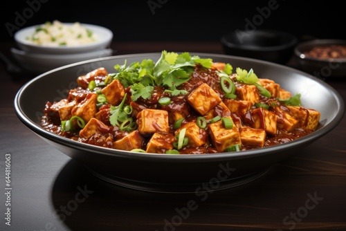 A bowl of tofu with a side of rice. Fictional image. Sichuan Mapo tofu dish.