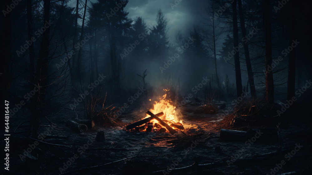 A dimly lit fireplace in the middle of a foggy forest A dimly lit fireplace in the middle of a foggy forest