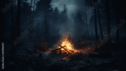 A dimly lit fireplace in the middle of a foggy forest