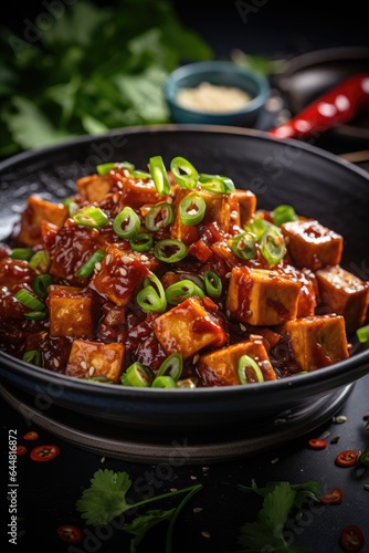 A black bowl filled with tofu and green onions. Fictional image. Sichuan Mapo tofu dish.