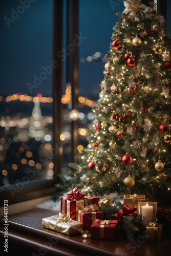 Joyful Festive Tradition: Glowing Christmas Tree Decoration in Night Lights